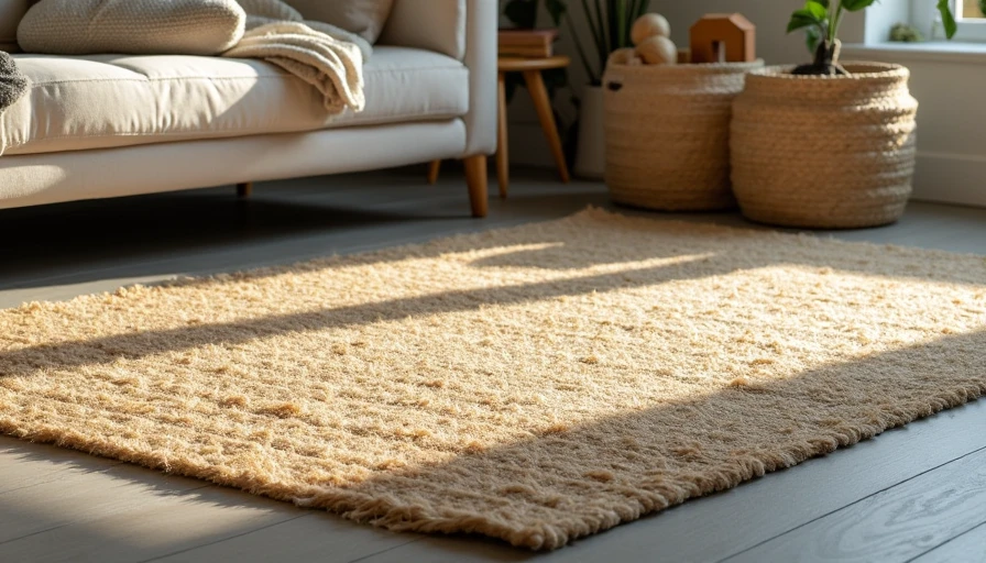 Family living room with jute rug and woven toy storage in new build home