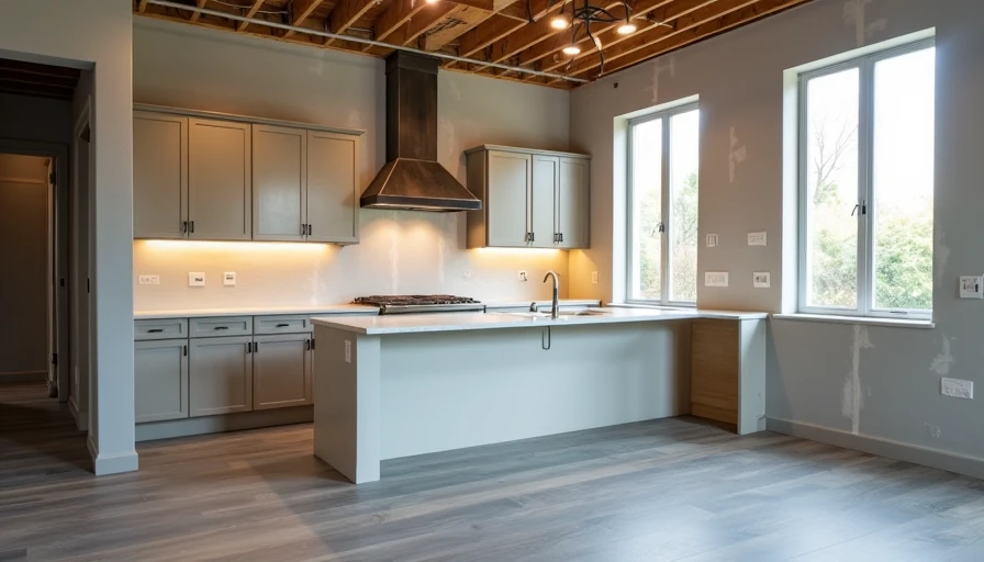 New construction kitchen with quartz countertops and upgraded flooring being installed