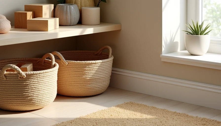 Woven baskets for toy storage in family living room of new construction home