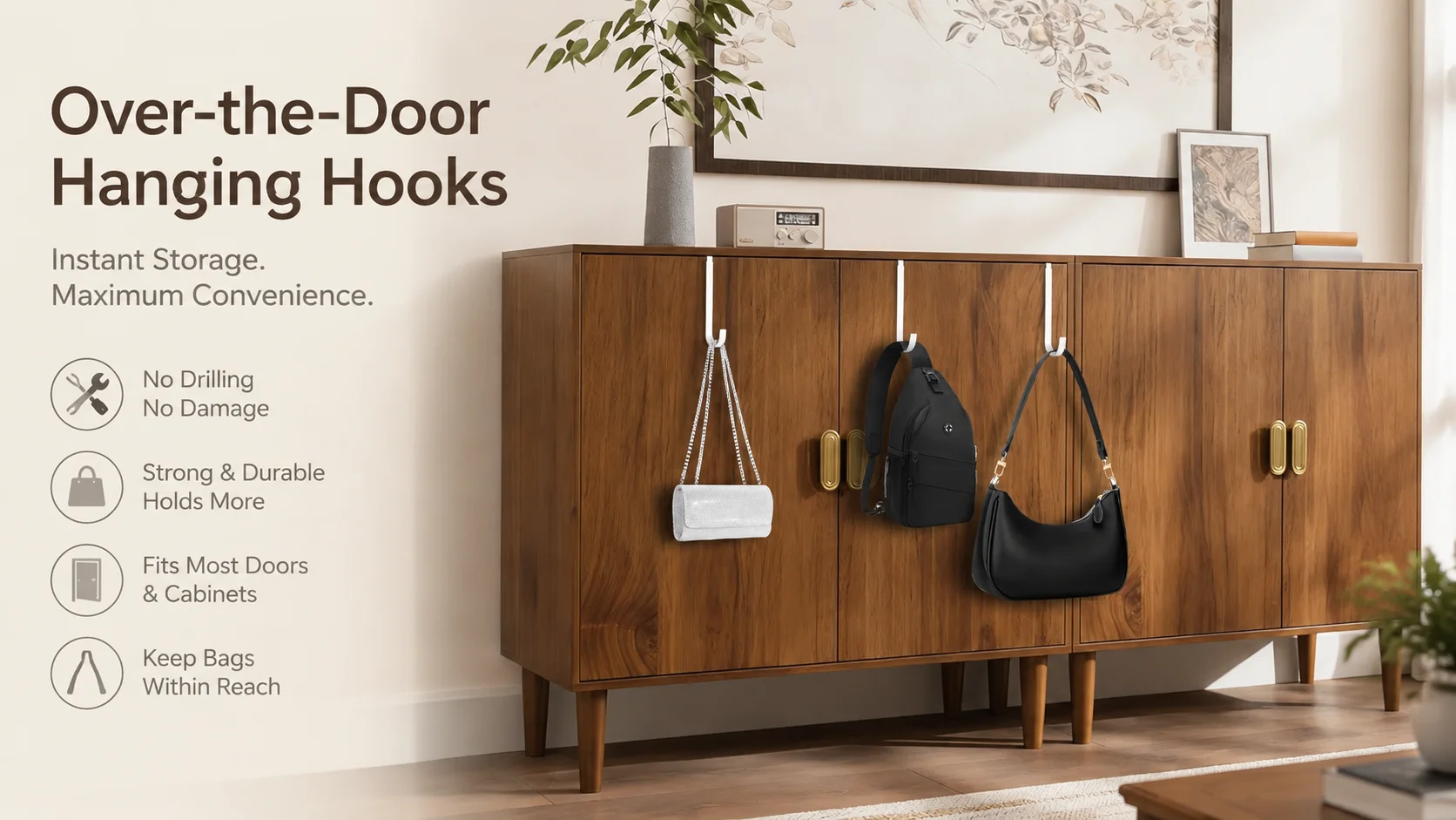 White over the door hanging hooks used on a wooden cabinet console organizing various handbags and backpacks