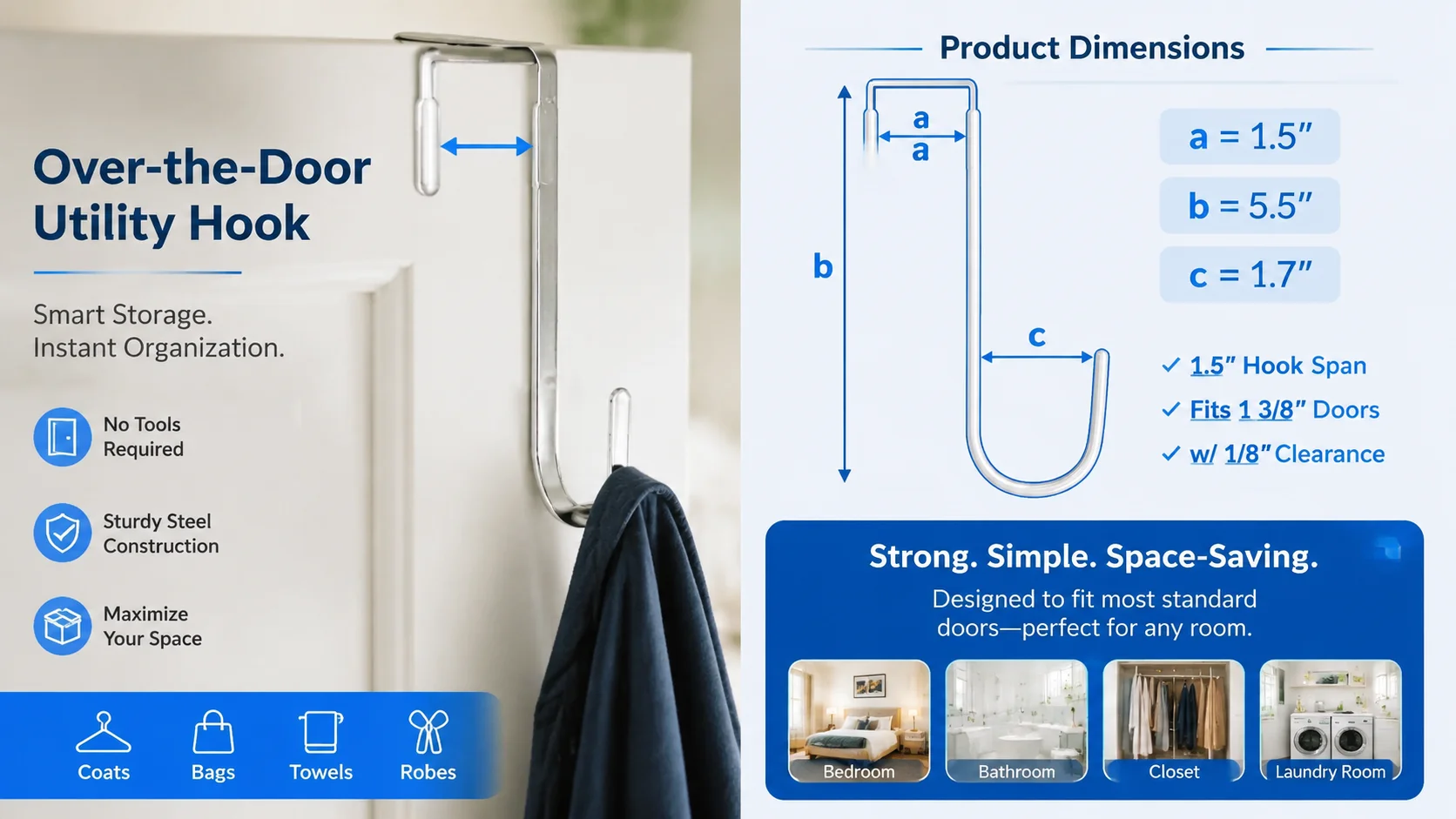 Over the door utility hook blueprint with detailed product dimensions and door thickness clearance specifications