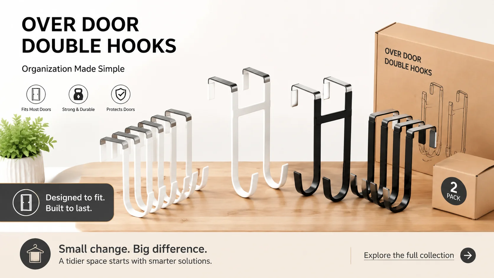 Over door double hooks display in matte black and white finishes alongside retail packaging box