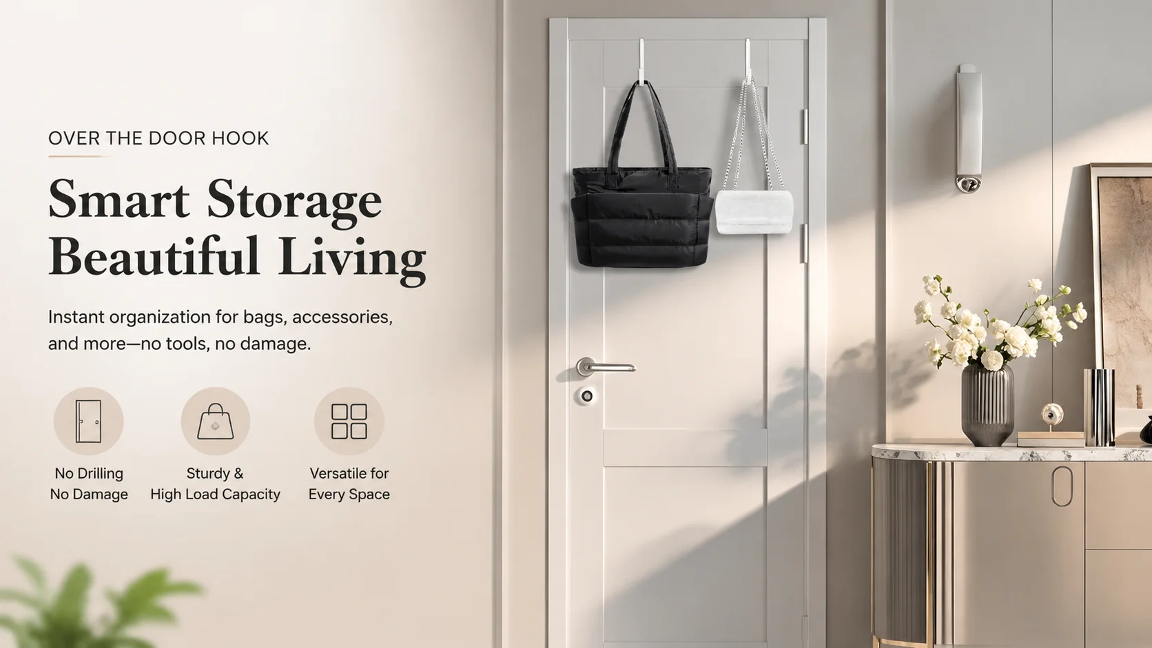 Minimalist white single over the door hook hanging a black puffer tote bag and a white clutch bag on a bedroom door