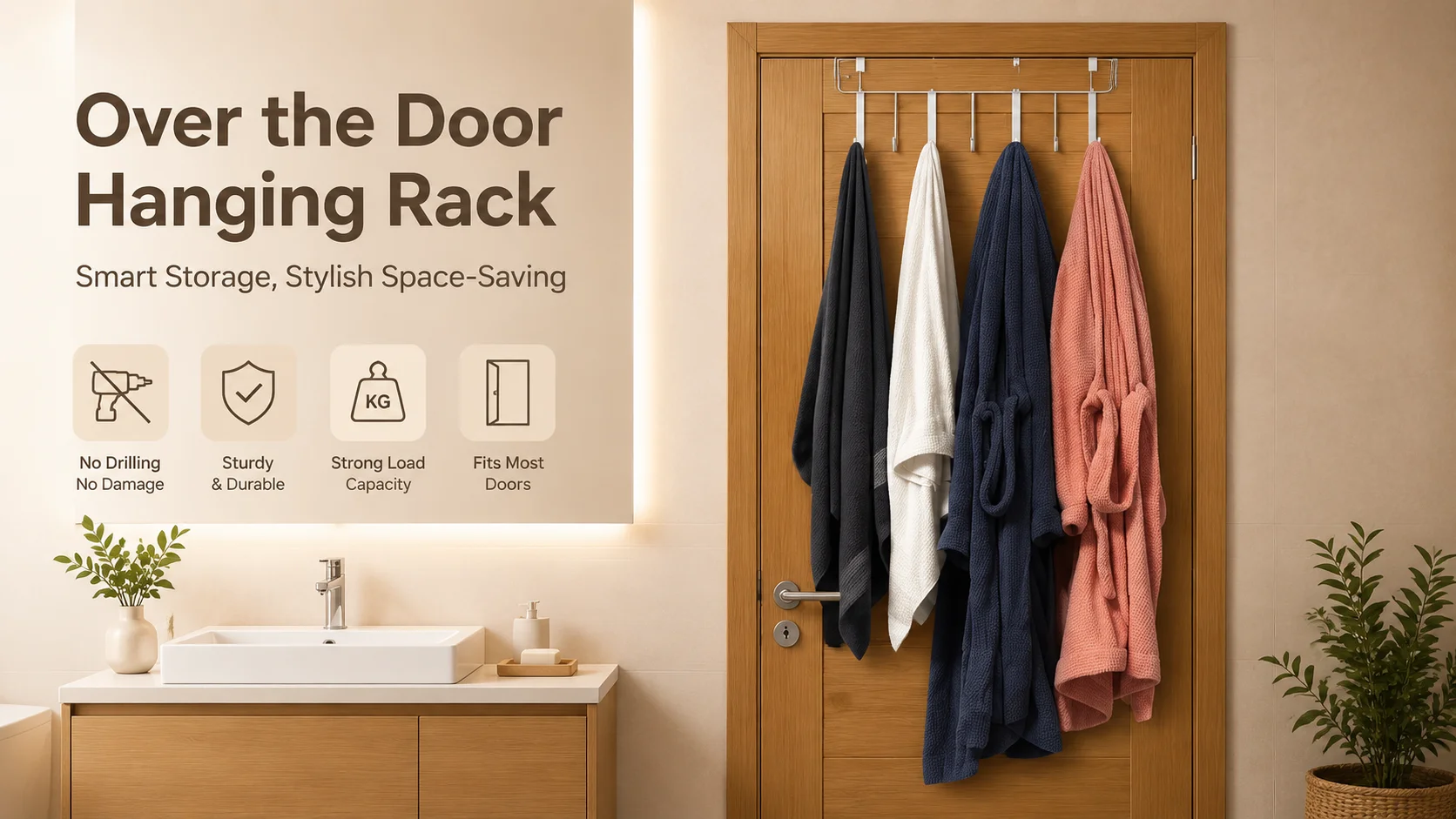 Over the door hanging rack with multi hooks holding towels and bathrobes in a modern bathroom